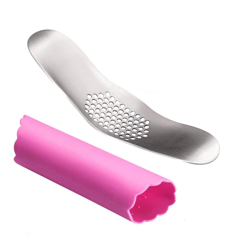 Fu Store Garlic Press 304 Stainless Steel Garlic Rocker Mincer Food Grade with Silicone Peeler Garlics, Color Random Peeler - Image 1